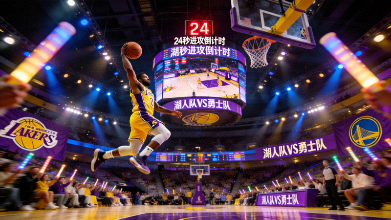 NBA篮球比赛中球员突破上篮瞬间，场馆大屏与观众席共同构成沉浸式观赛场景